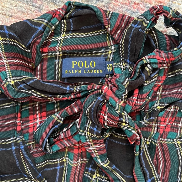 Designer Polo Ralph Lauren Holiday Plaid Blouse with Adjustable Bow - Picture 3 of 3